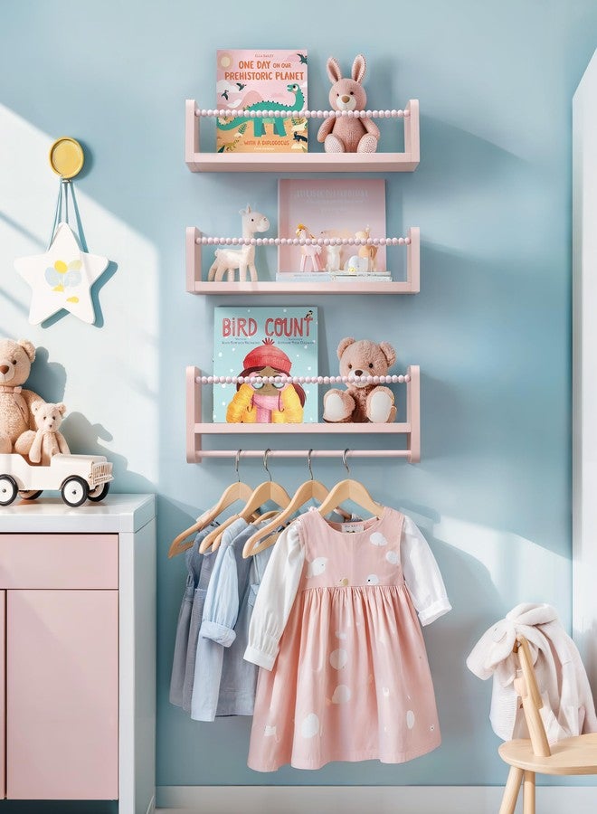 Maxpeuvon Nursery Book Shelves, Set of 3 Kids Bookshelves Natural Wood Wall Mount Organizer with Towel Bar Hanging Nursery Decor for Kids Room, Playroom, Bedroom and Kitchen, Pink - Image 5